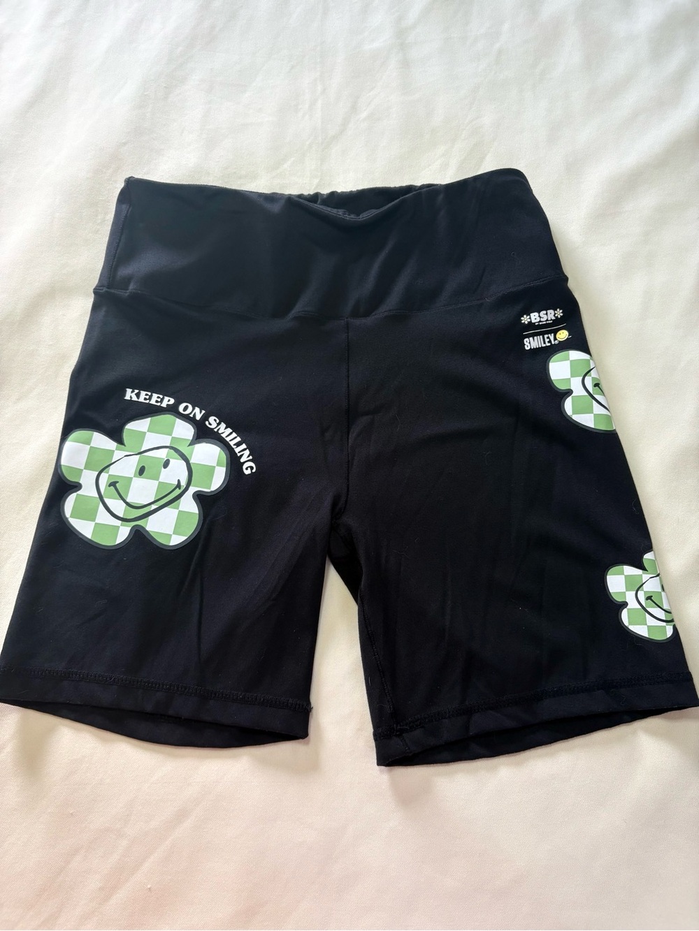 Black High-Waist Bike Shorts with Green Checker Smiley Flower